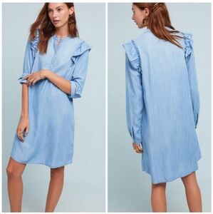 Anthropologie Cloth & Stone Chambray Blue Ruffle Detail Short Shirtdress